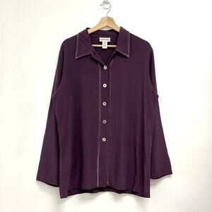 Freeport Studio 100% Silk Velvet Trim Oversized Artsy Button-Down Blouse  - Med